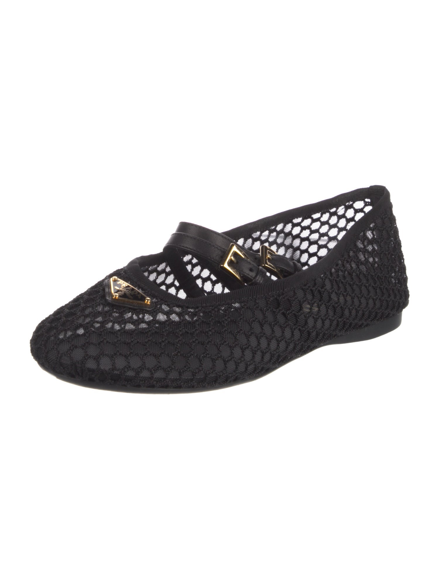 Prada Enameled Metal Triangle Mesh Mary Jane Flats