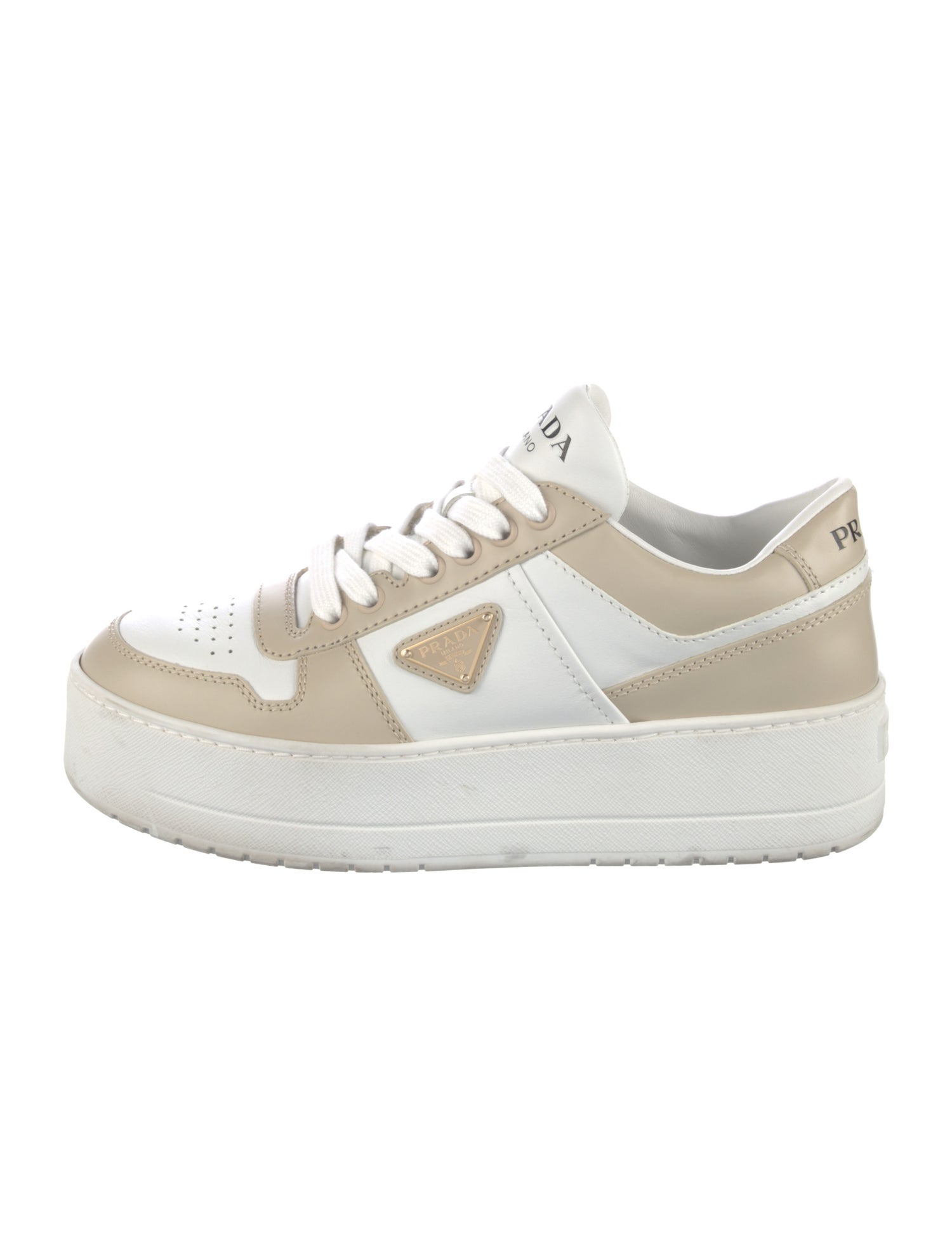 Prada Enameled Metal Triangle Leather Sneakers
