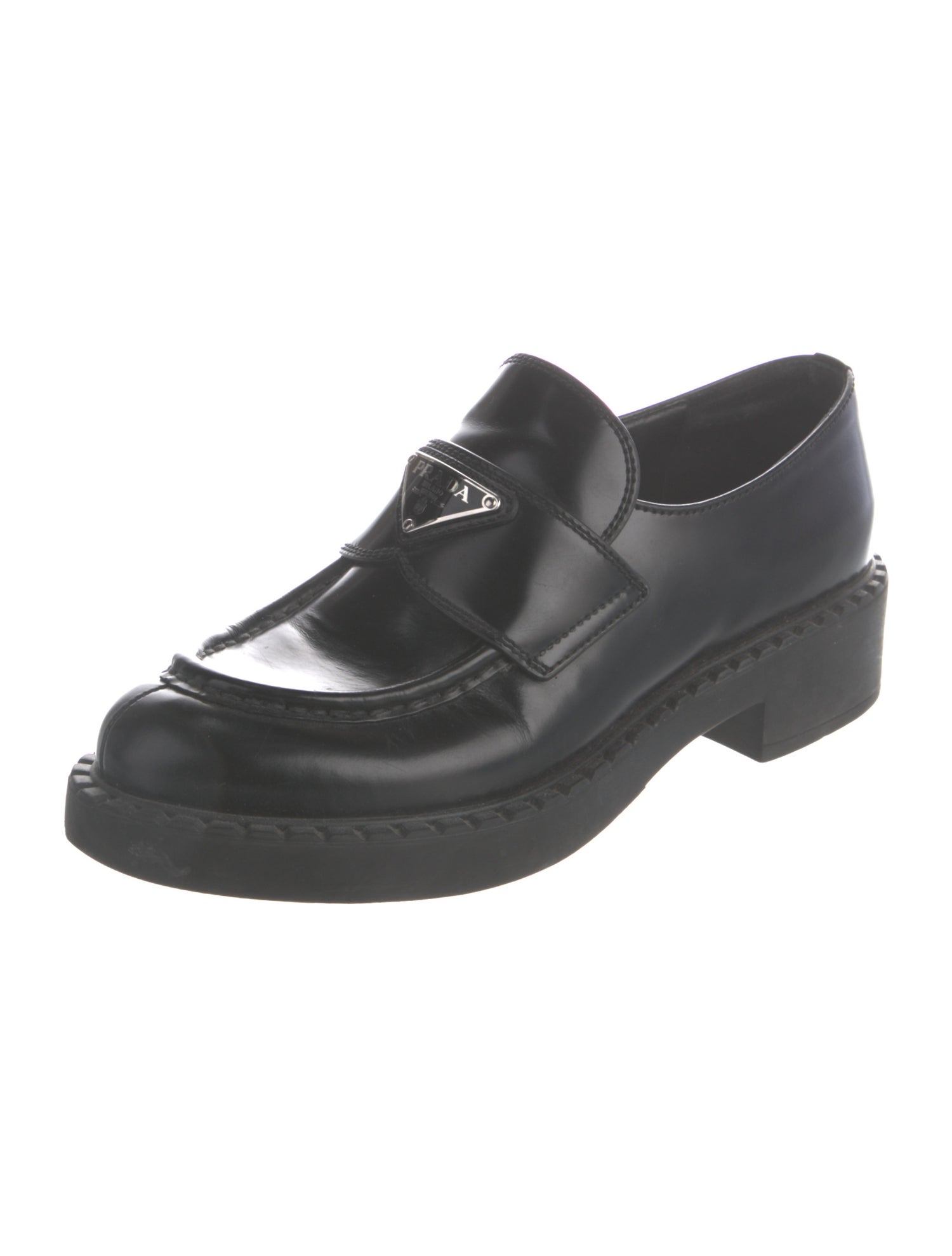 Prada Enameled Metal Triangle Leather Oxfords