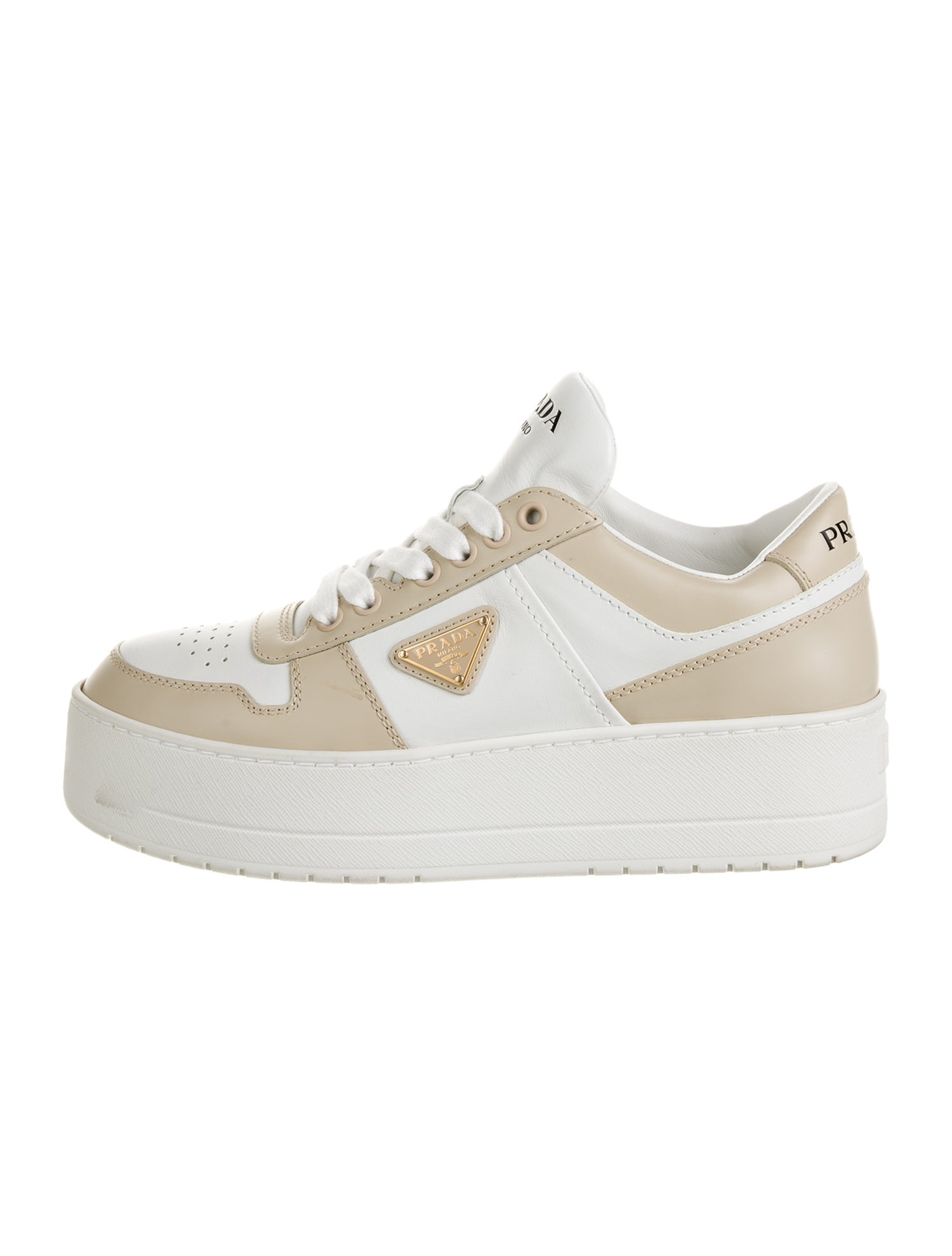 Prada Enameled Metal Triangle Leather Sneakers