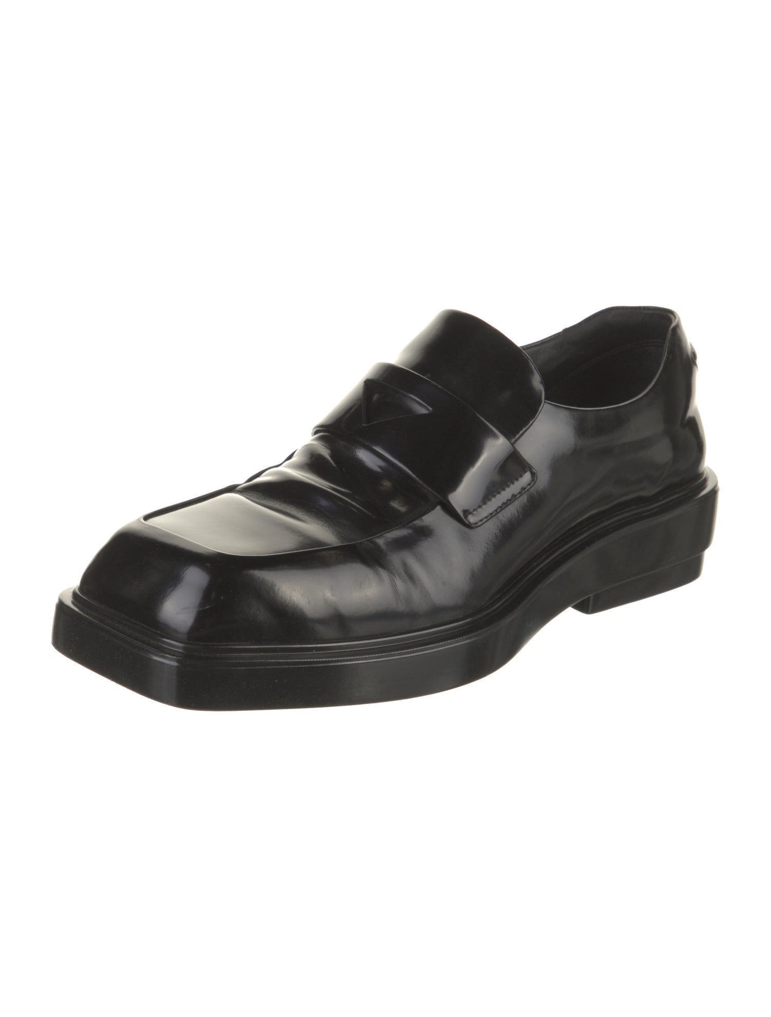 Prada Enameled Metal Triangle Leather Oxfords