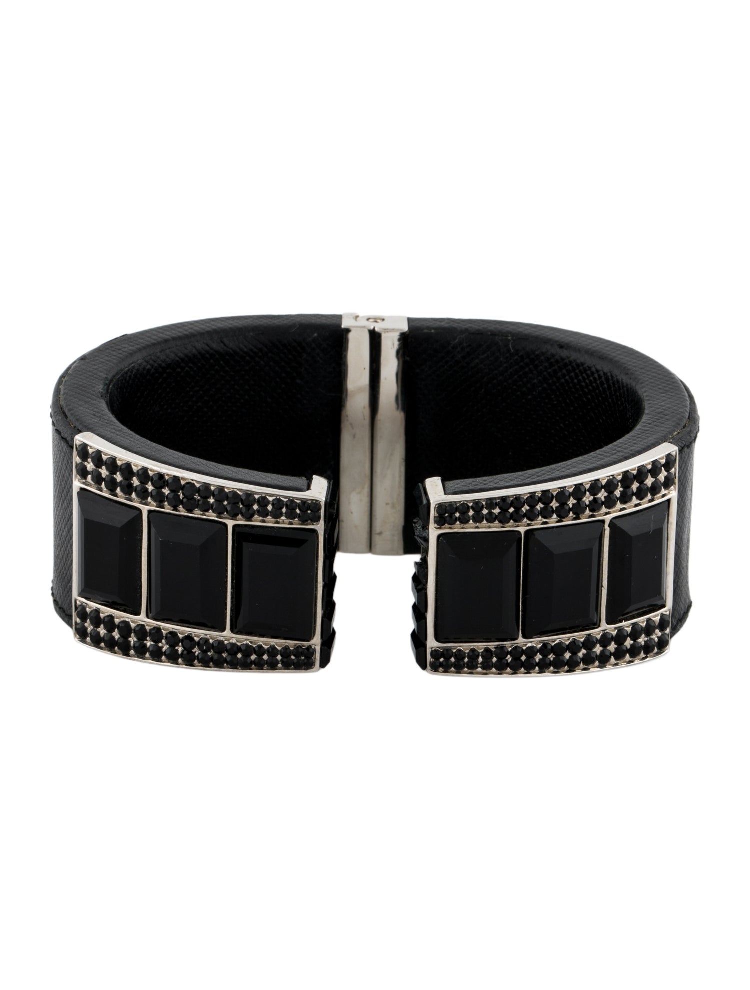 Prada Leather & Crystal Hinged Cuff Bracelet
