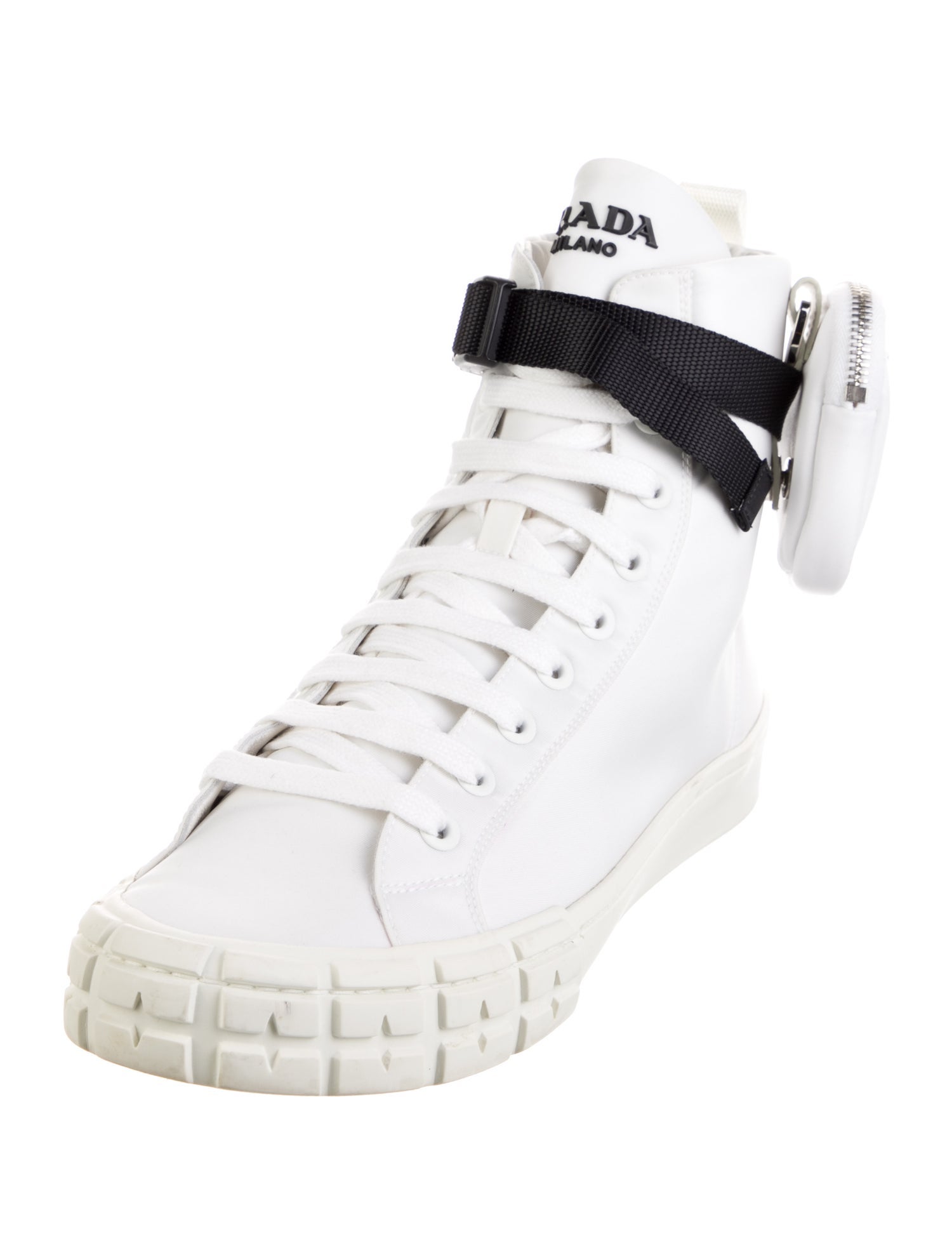 Prada Enameled Metal Triangle Nylon Sneakers