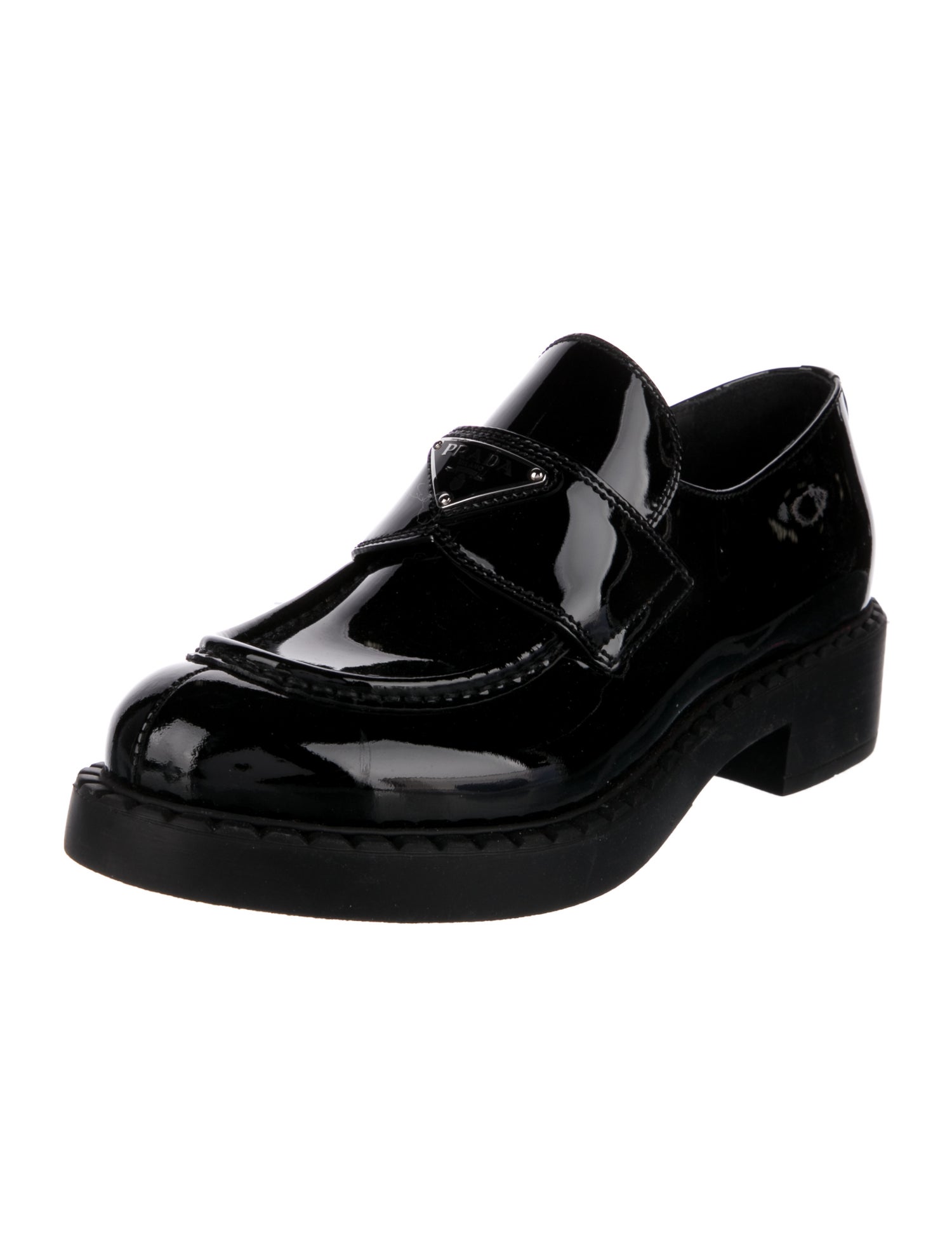 Prada Enameled Metal Triangle Patent Leather Pumps