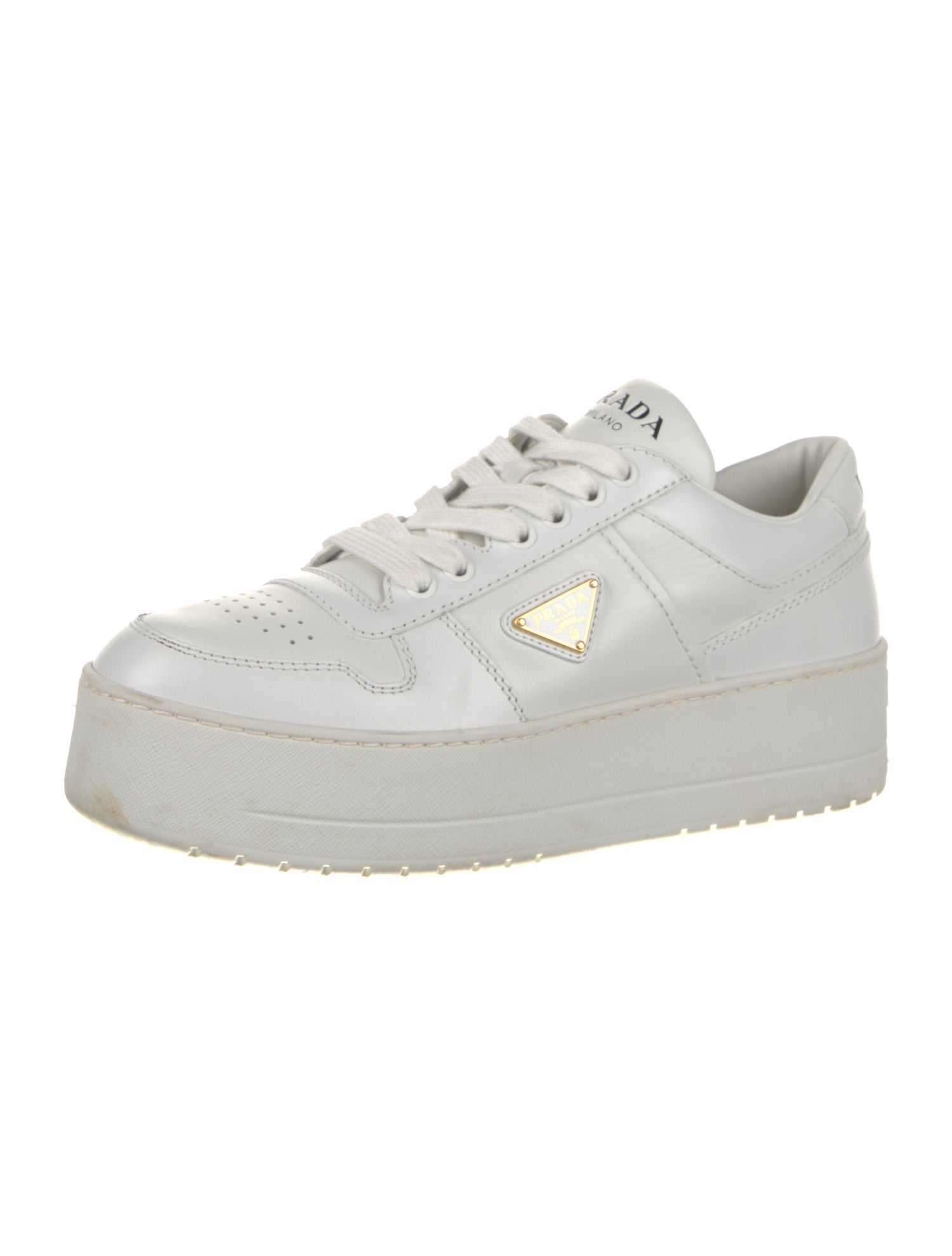 Prada Enameled Metal Triangle Leather Sneakers