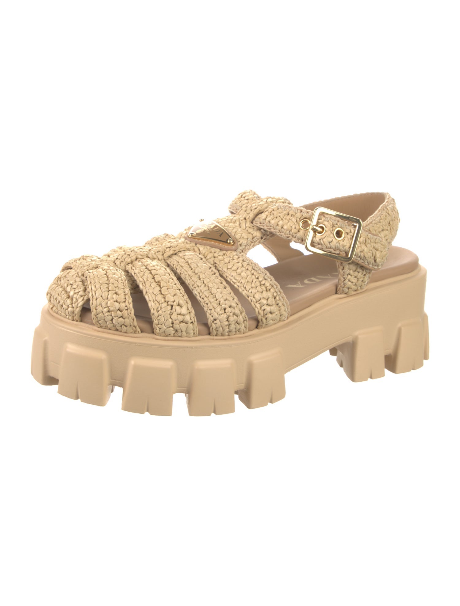 Prada Enameled Metal Triangle Raffia Slingback Flats