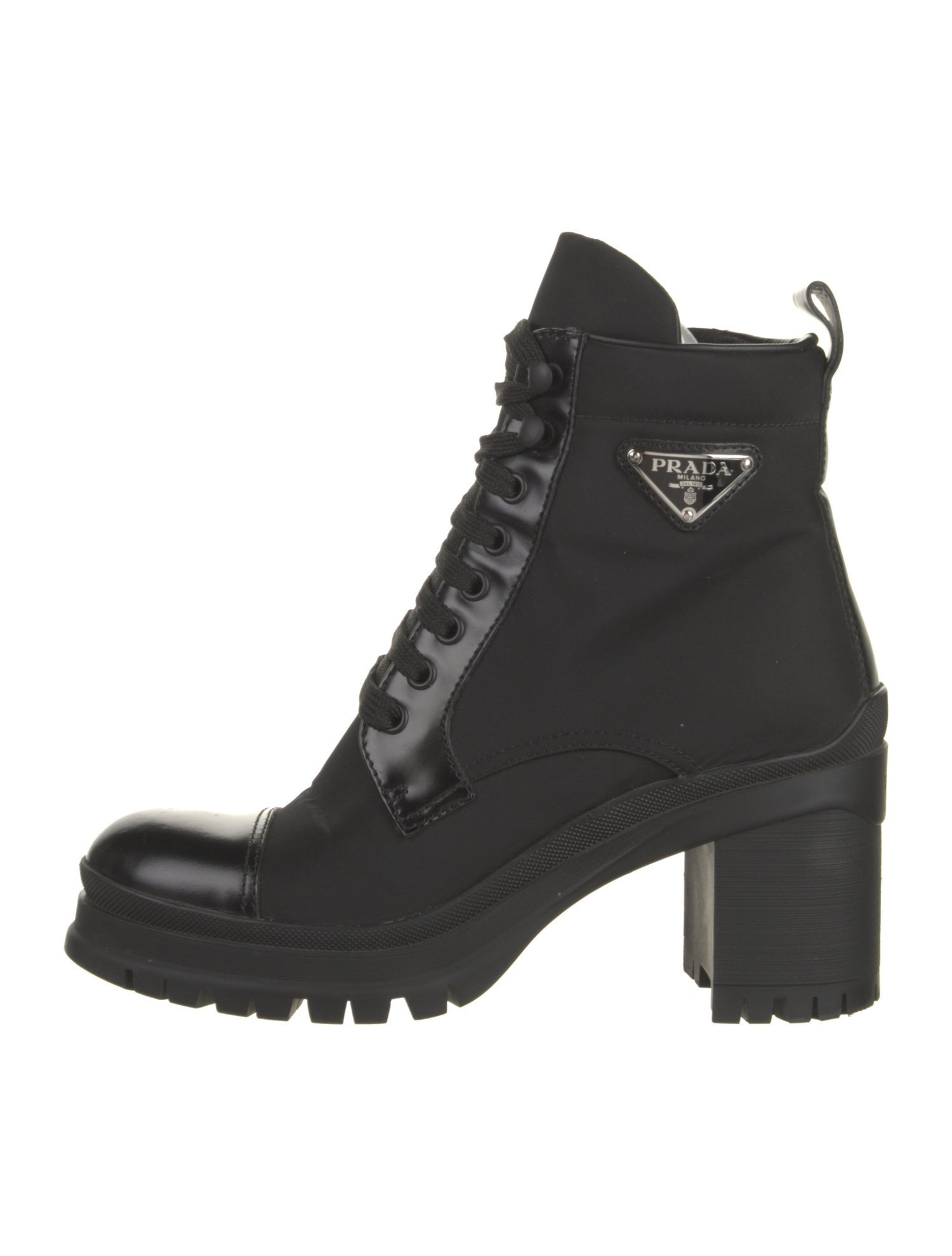 Prada Enameled Metal Triangle Nylon Combat Boots