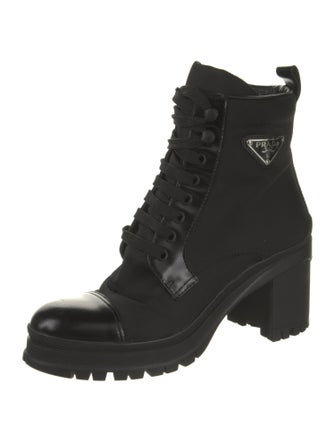 Prada Enameled Metal Triangle Nylon Combat Boots