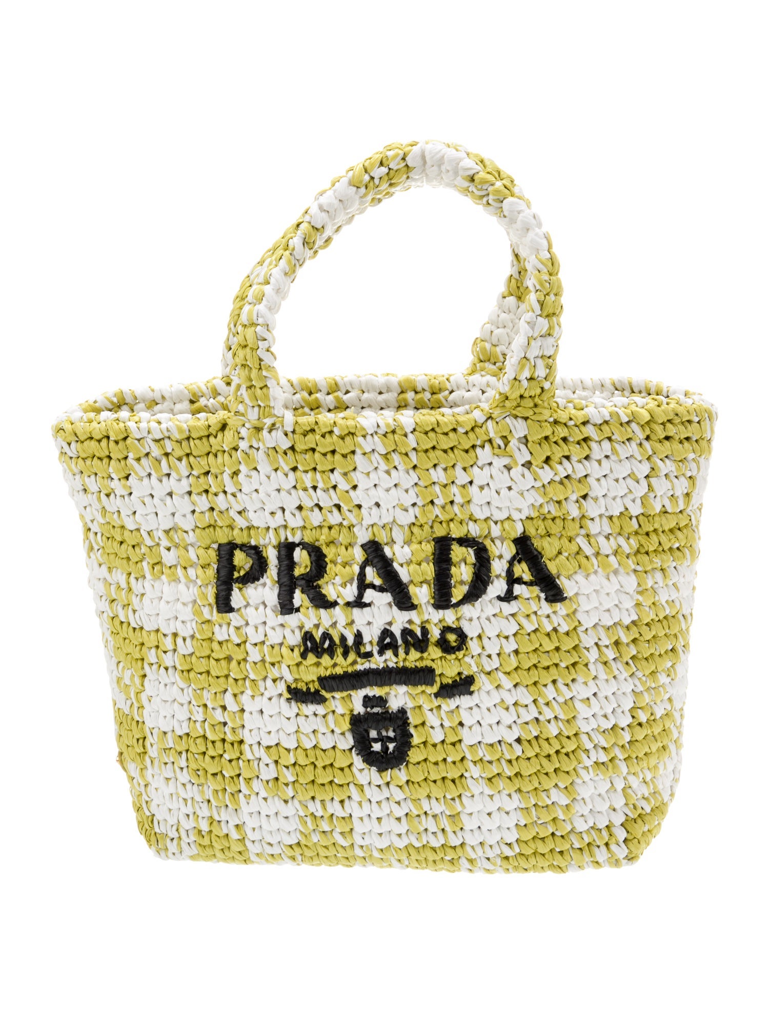 Prada Enameled Metal Triangle Gingham Raffia Tote Small