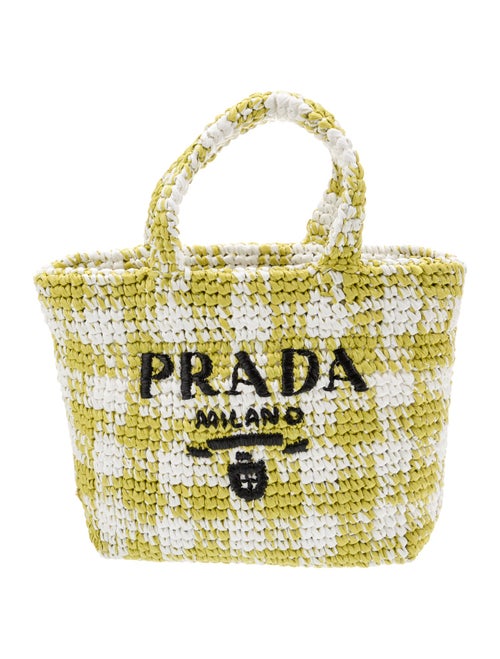 Prada Enameled Metal Triangle Gingham Raffia Tote Small