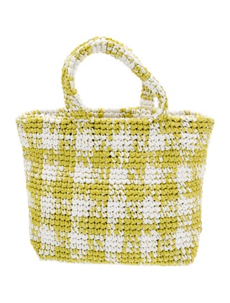 Prada Enameled Metal Triangle Gingham Raffia Tote Small