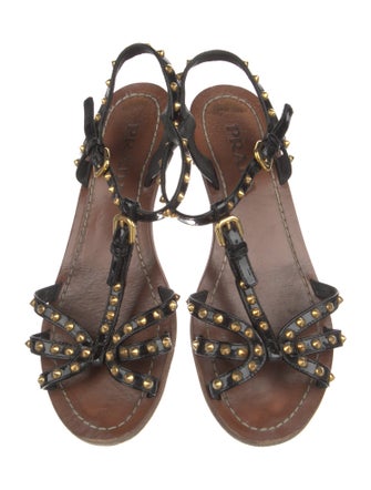 Prada Patent Leather Studded Accents T-Strap Sandals