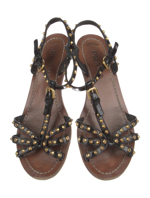 Prada Patent Leather Studded Accents T-Strap Sandals