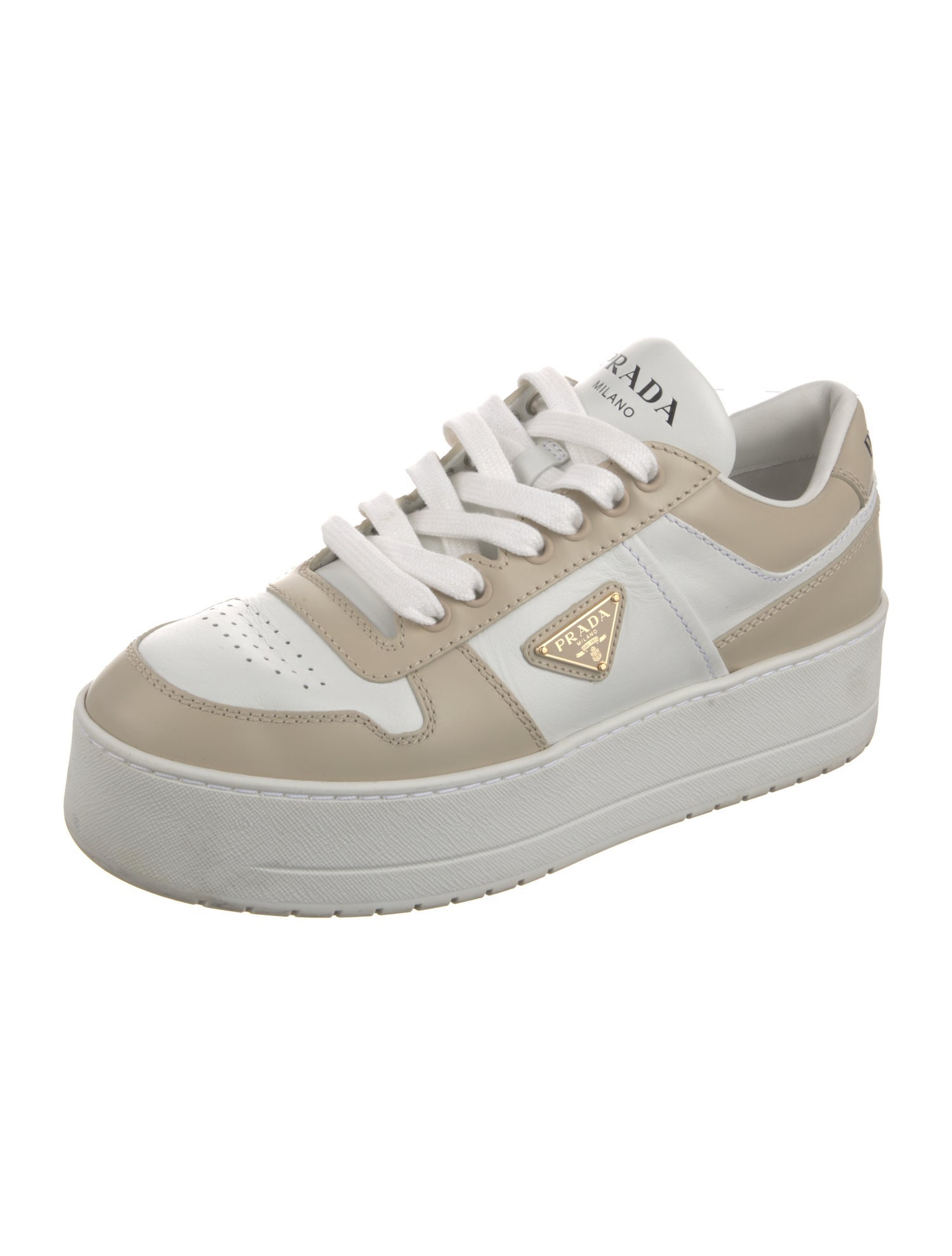 Prada Enameled Metal Triangle Leather Sneakers