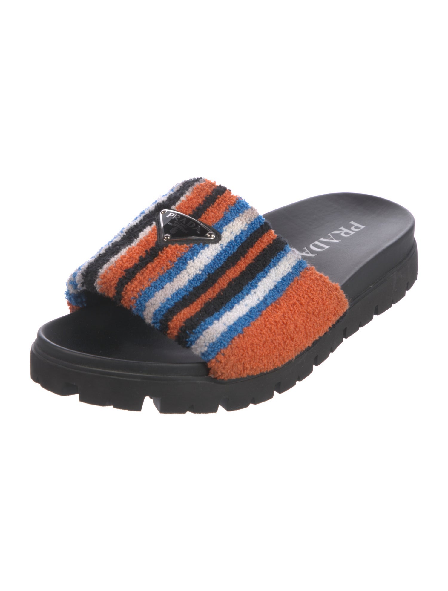 Prada Enameled Metal Triangle Terry Cloth Slides