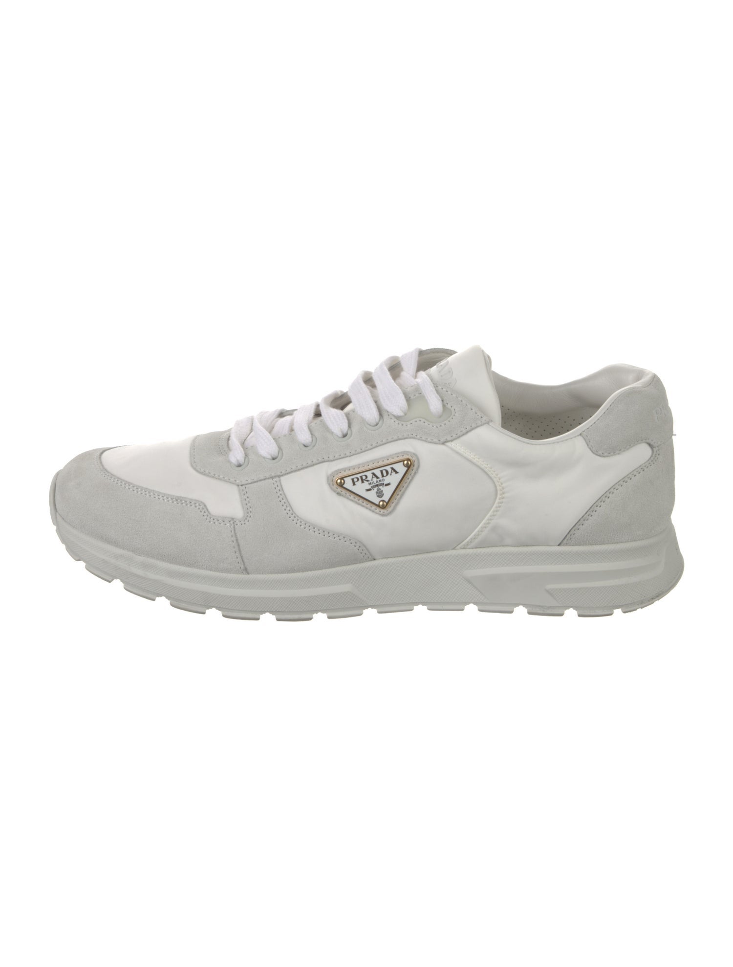Prada Enameled Metal Triangle Nylon Sneakers