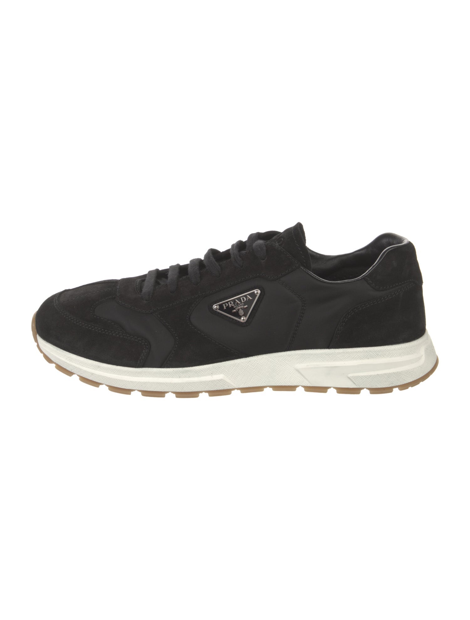 Prada Enameled Metal Triangle Suede Sneakers