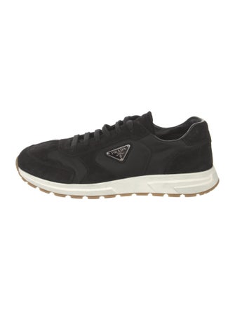 Prada Enameled Metal Triangle Suede Sneakers