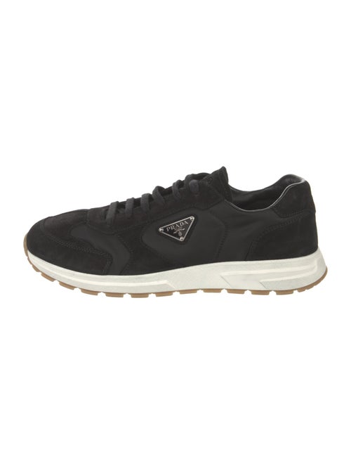 Prada Enameled Metal Triangle Suede Sneakers