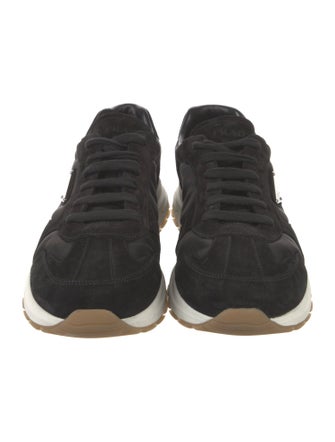 Prada Enameled Metal Triangle Suede Sneakers