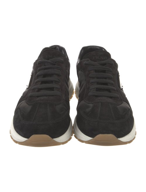 Prada Enameled Metal Triangle Suede Sneakers