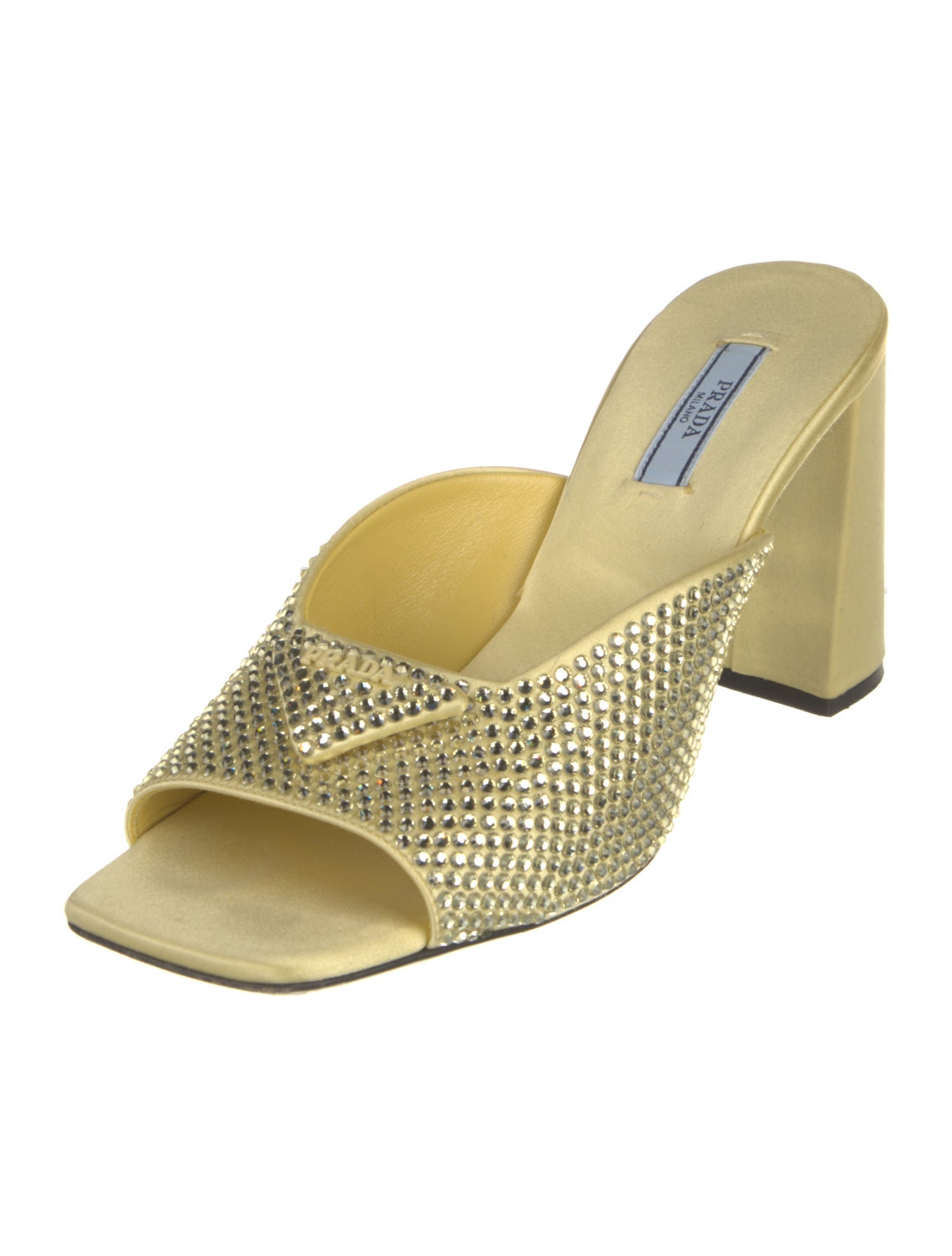 Prada Enameled Metal Triangle Satin Slides