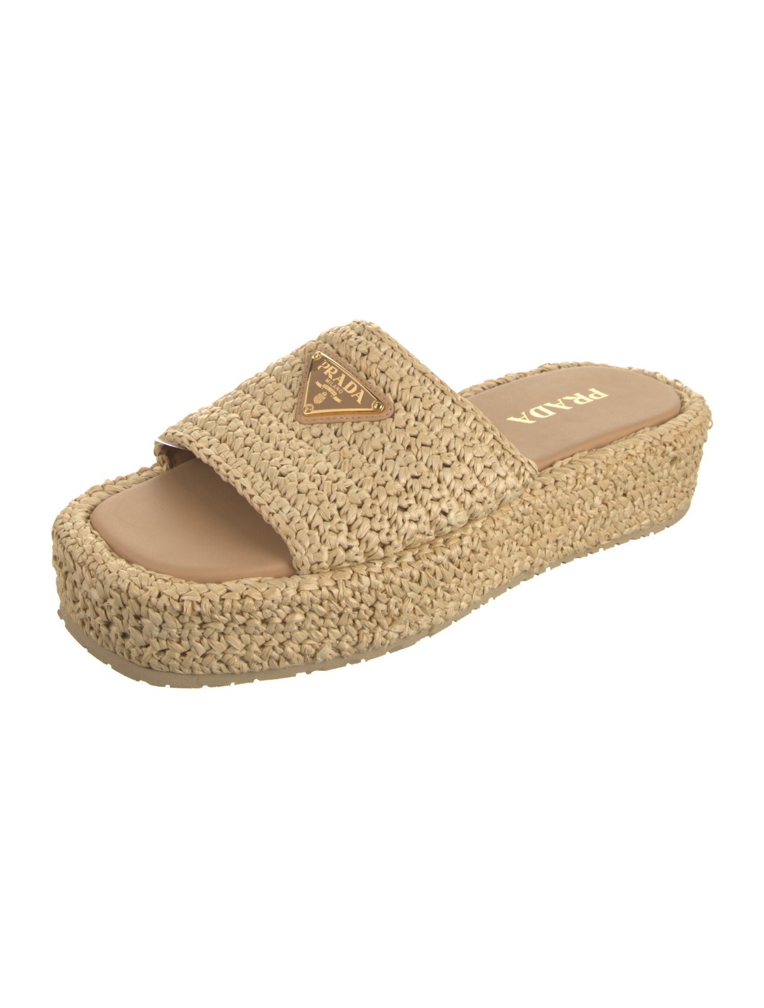 Prada Enameled Metal Triangle Straw Espadrilles