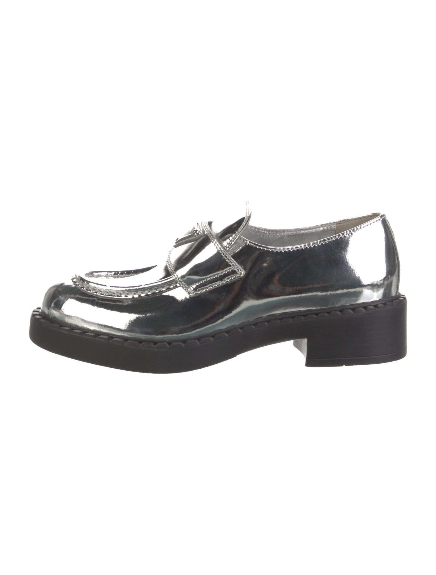 Prada Enameled Metal Triangle Patent Leather Oxfords