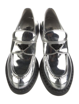 Prada Enameled Metal Triangle Patent Leather Oxfords
