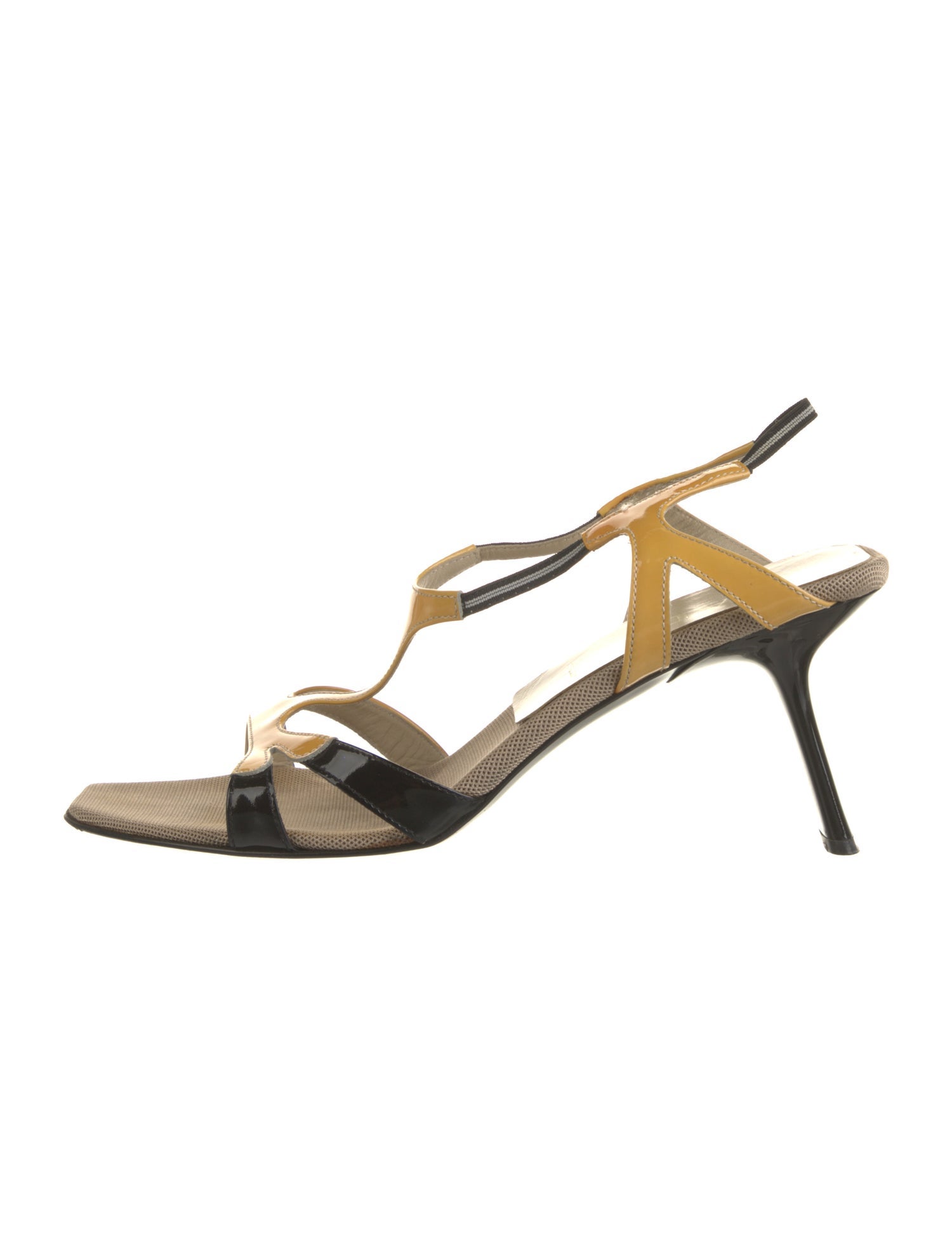 Prada Patent Leather Colorblock Pattern T-Strap Sandals
