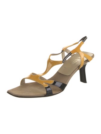 Prada Patent Leather Colorblock Pattern T-Strap Sandals