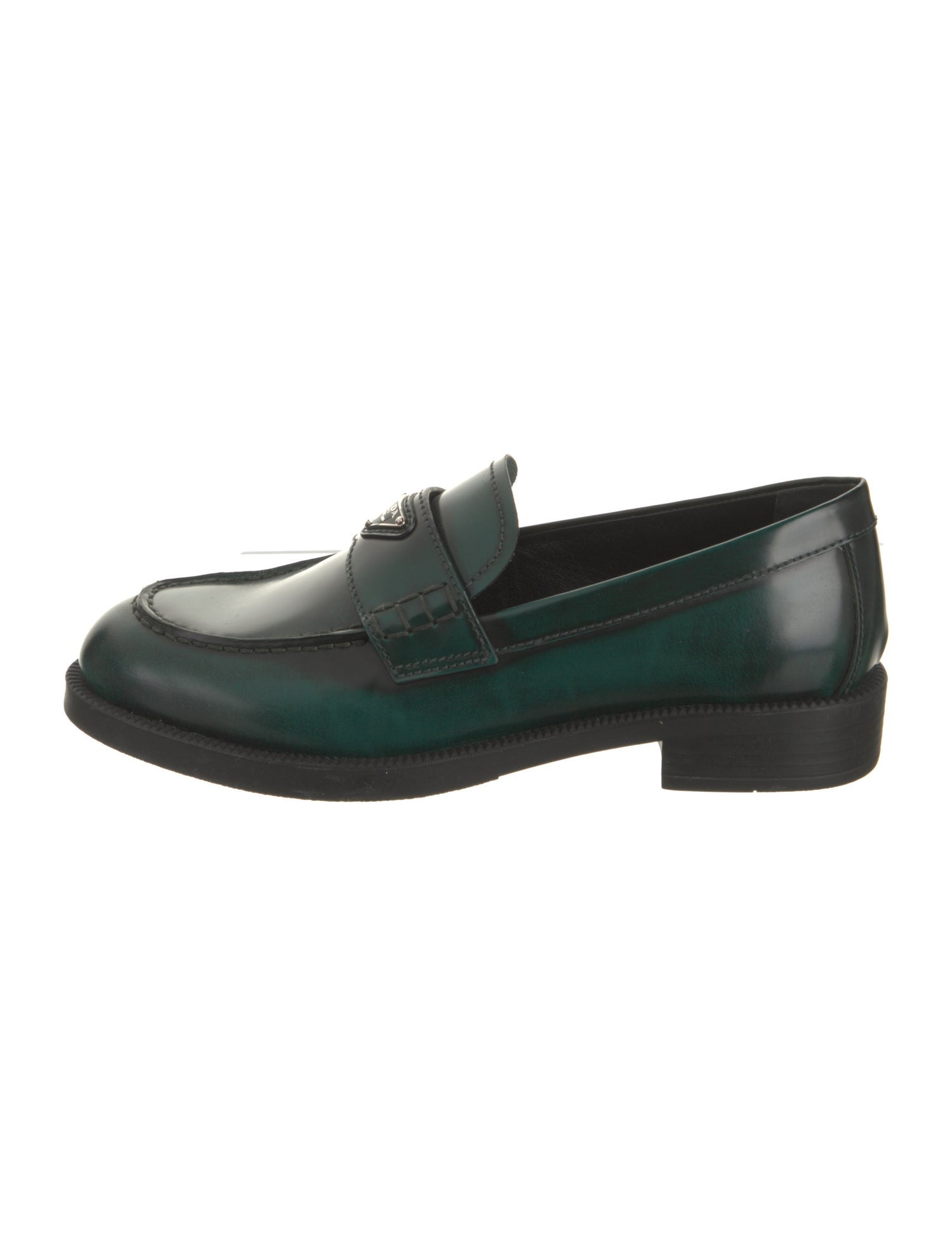 Prada Enameled Metal Triangle Leather Loafers