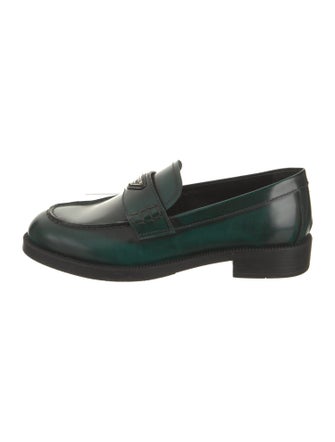 Prada Enameled Metal Triangle Leather Loafers