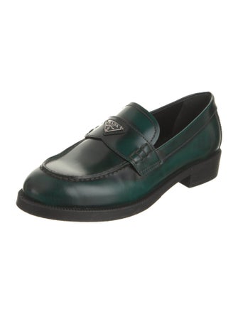 Prada Enameled Metal Triangle Leather Loafers