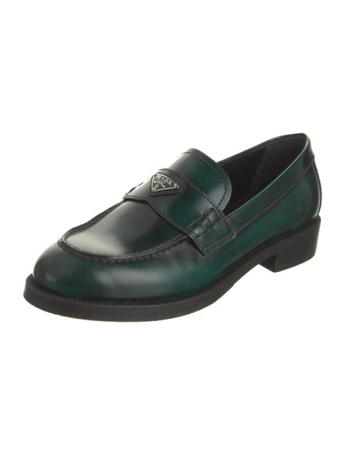 Prada Enameled Metal Triangle Leather Loafers