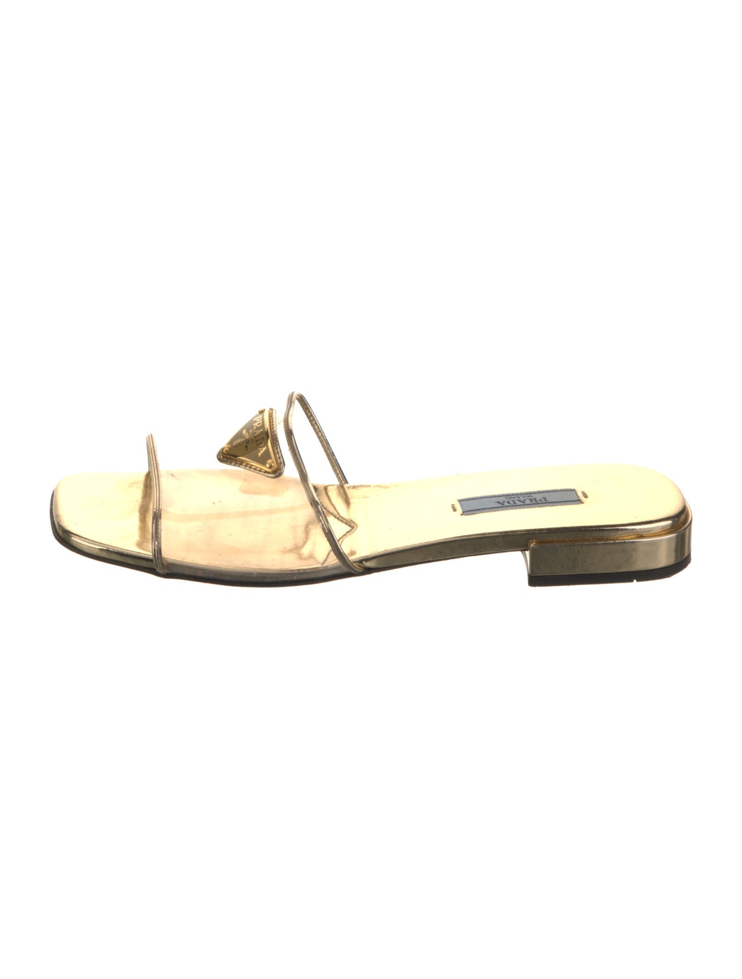 Prada Enameled Metal Triangle Patent Leather Slides
