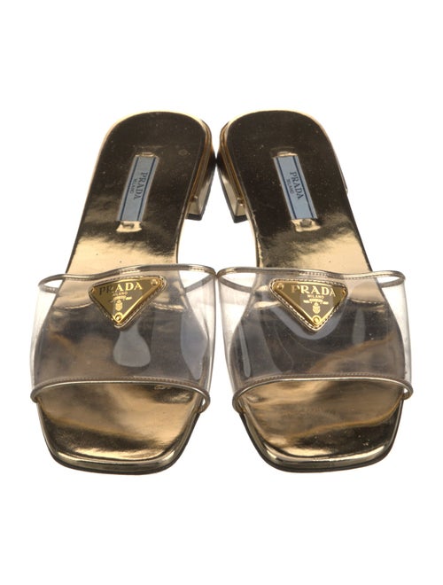 Prada Enameled Metal Triangle Patent Leather Slides