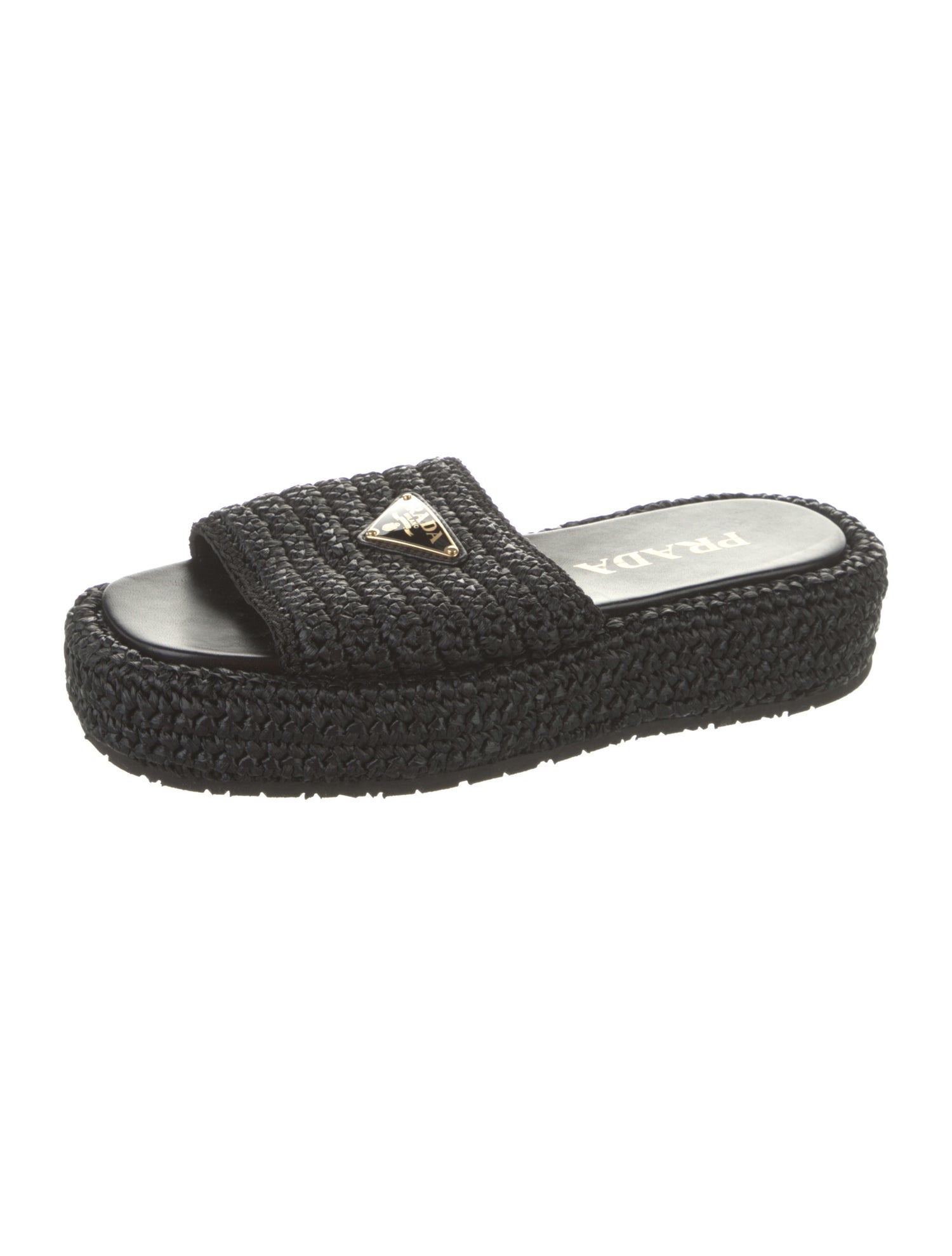 Prada Enameled Metal Triangle Raffia Espadrilles