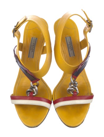 Prada Leather Chain-Link Accents T-Strap Sandals