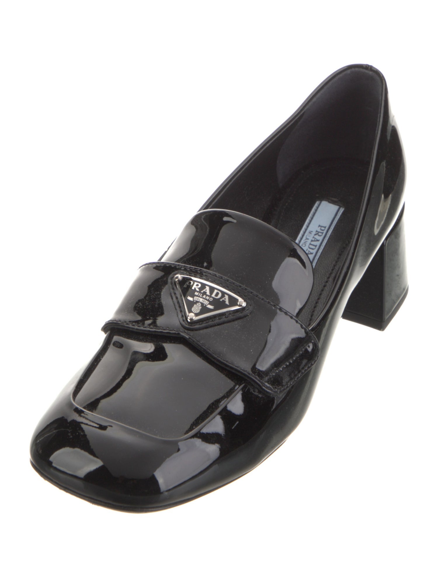 Prada Enameled Metal Triangle Patent Leather Pumps