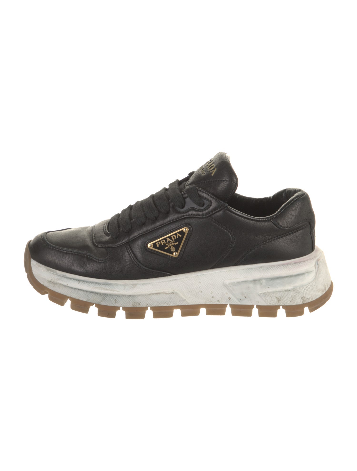 Prada Enameled Metal Triangle Leather Sneakers