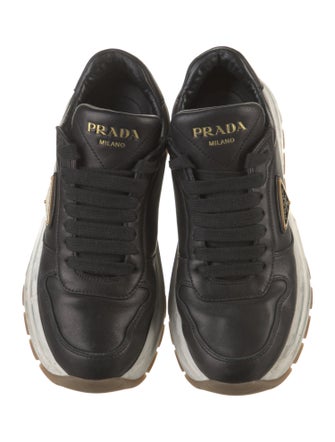 Prada Enameled Metal Triangle Leather Sneakers