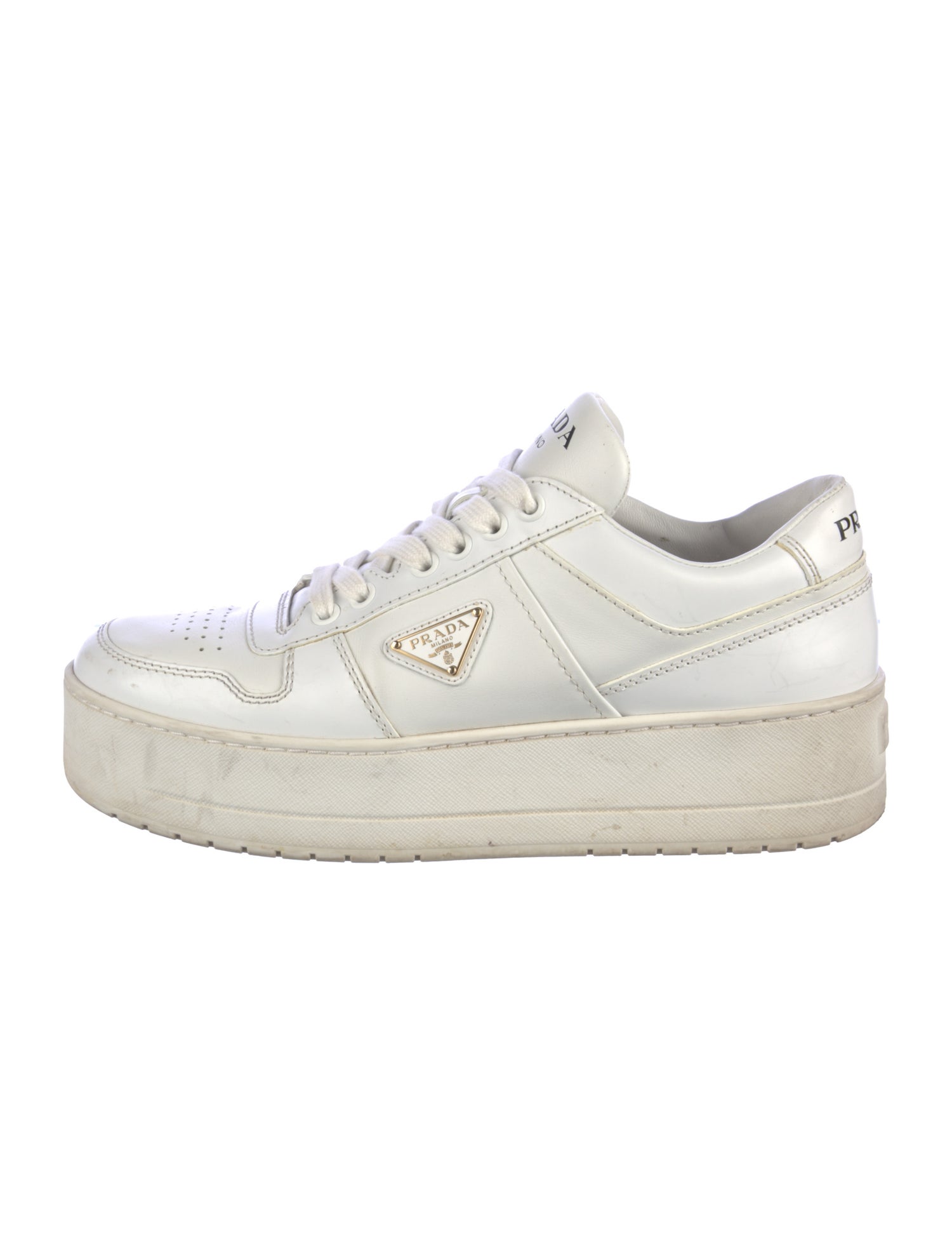 Prada Enameled Metal Triangle Leather Sneakers