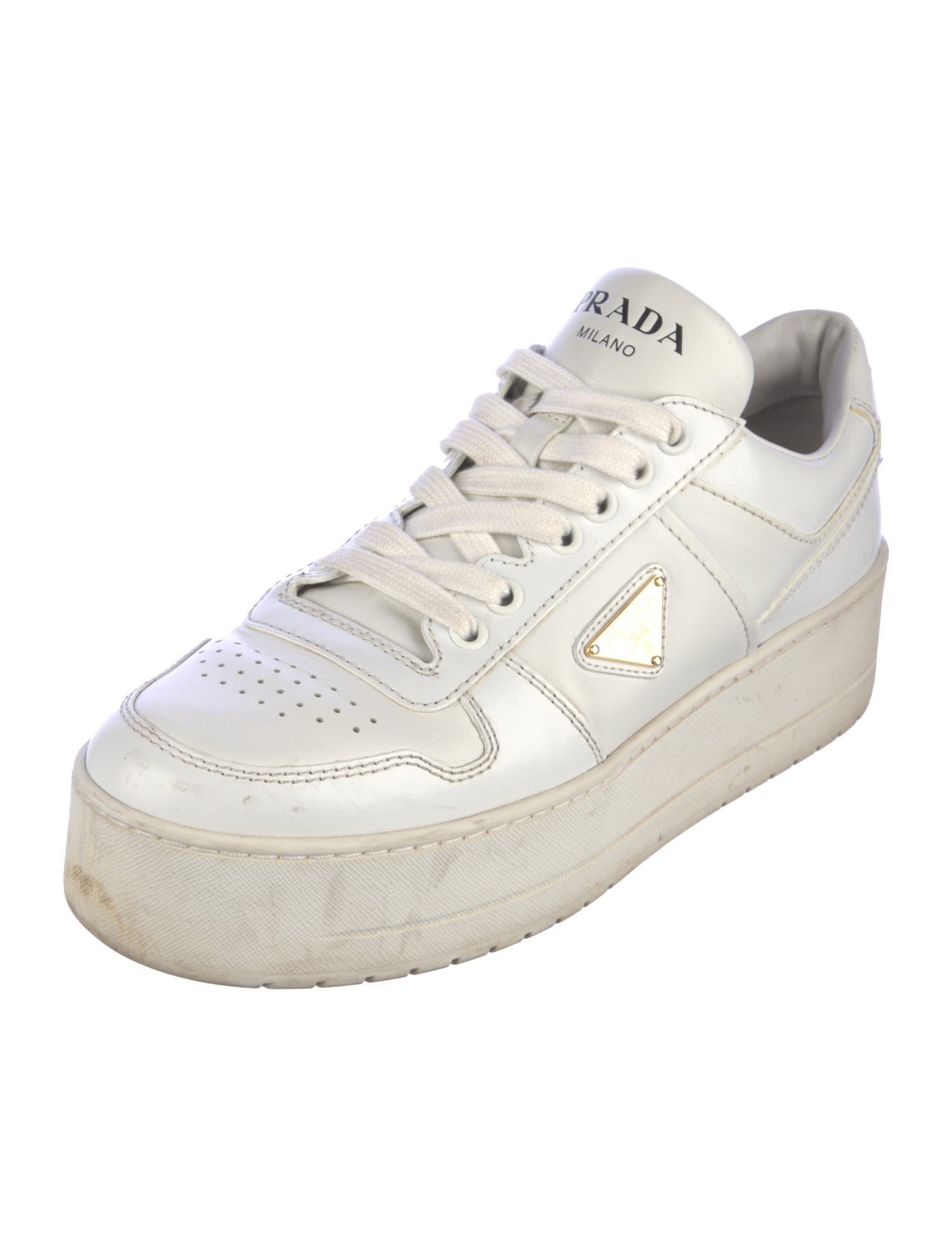 Prada Enameled Metal Triangle Leather Sneakers