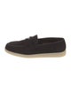 Prada Enameled Metal Triangle Suede Boat Shoes
