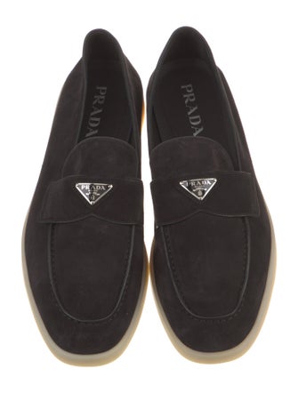 Prada Enameled Metal Triangle Suede Boat Shoes
