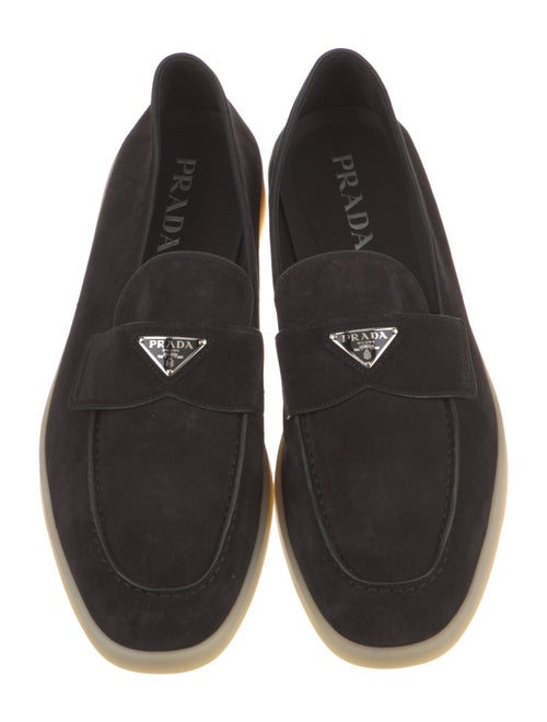 Prada Enameled Metal Triangle Suede Boat Shoes