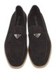 Prada Enameled Metal Triangle Suede Boat Shoes