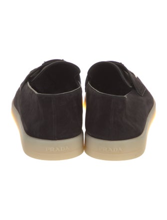 Prada Enameled Metal Triangle Suede Boat Shoes