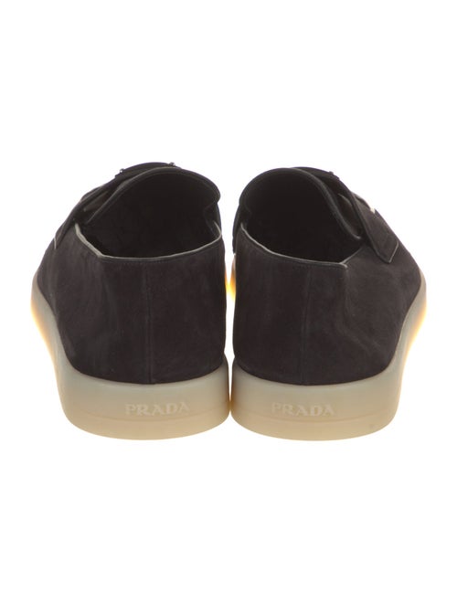 Prada Enameled Metal Triangle Suede Boat Shoes